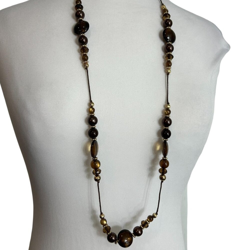 Corded Brown Beaded Gold Tone Spacers Necklace 39" Tunic Length